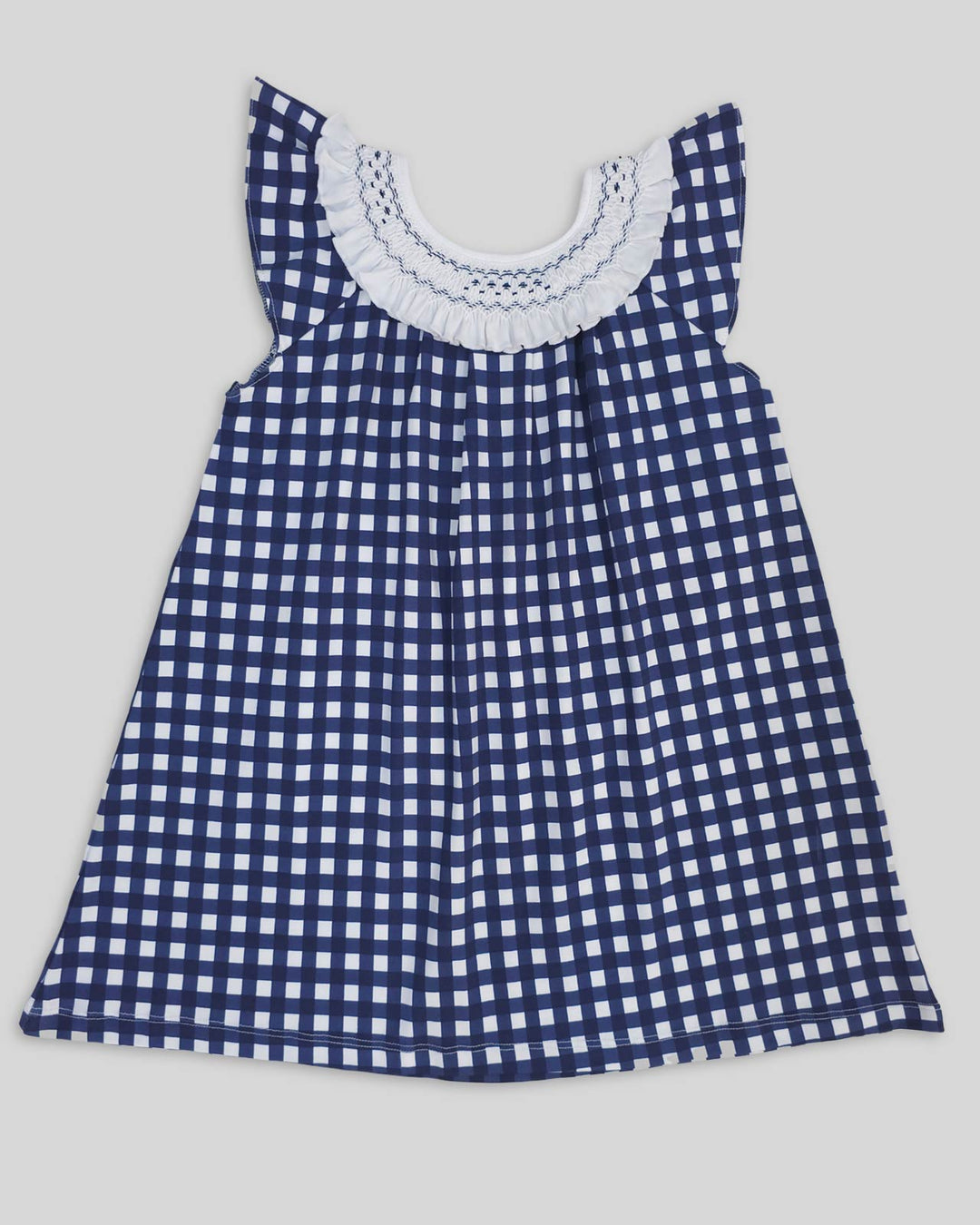 Vestido de niña Francesca en algodón pima – Cuadros azules con bordado punto smock