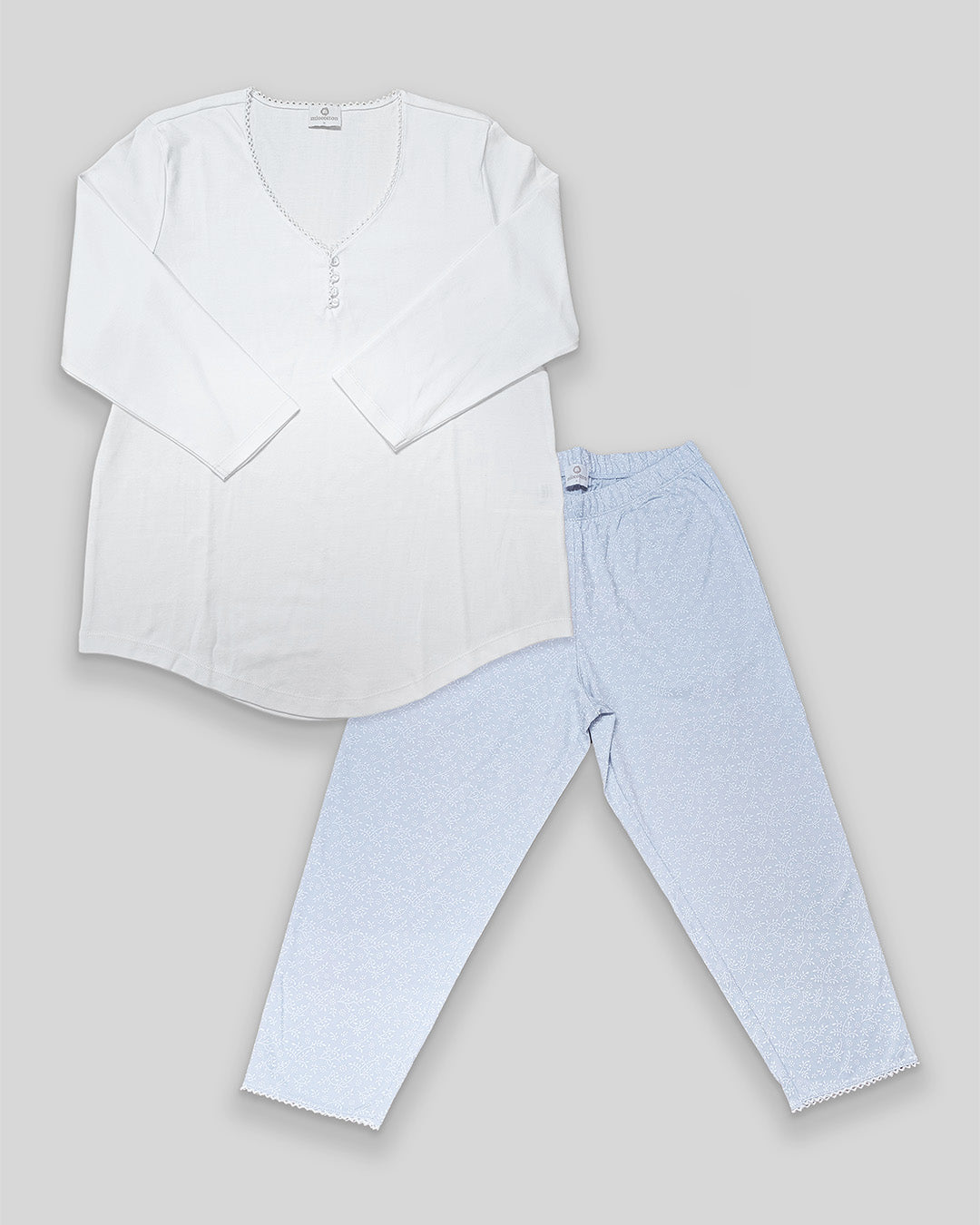 Pijama Pima Mujer Celeste Hojas blancas