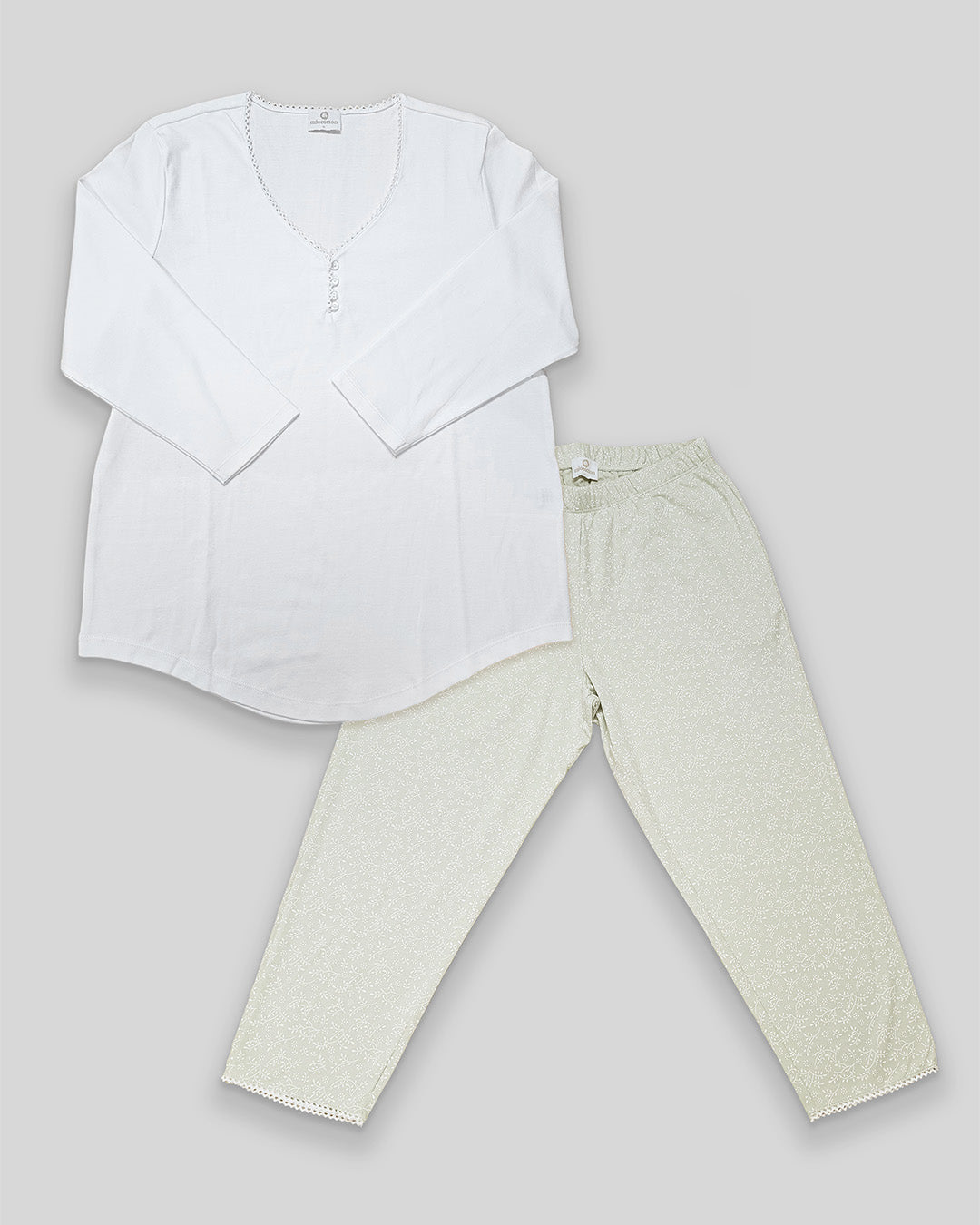 Pijama Pima Mujer Pistacho Hojas blancas