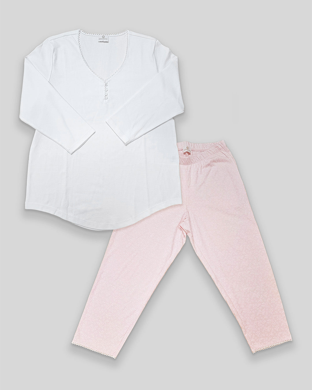 Pijama Pima Mujer Rosado Hojas blancas