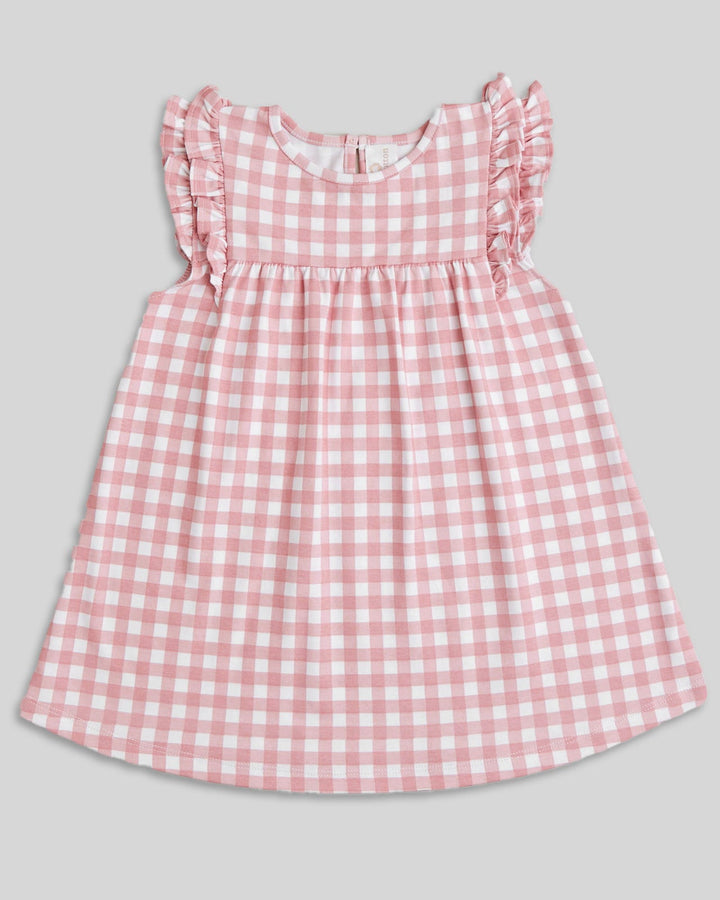 Vestido de niña Aurelia en algodón pima – Cuadros palo de rosa con mangas con volantes