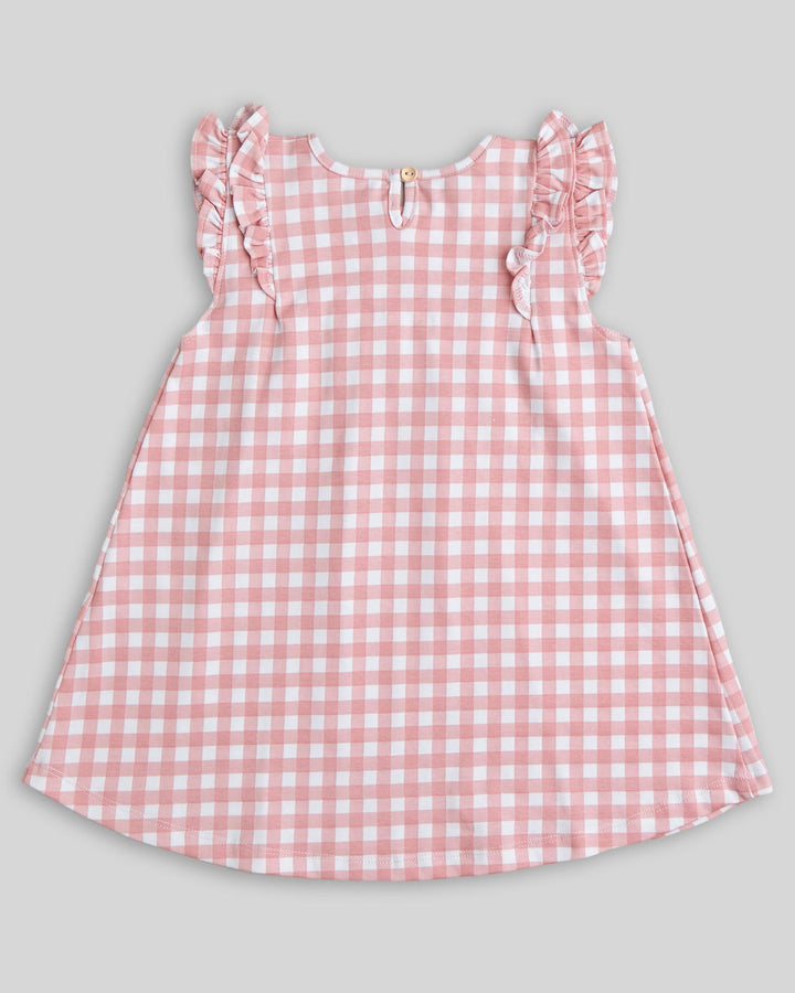 Vestido de niña Aurelia en algodón pima – Cuadros palo de rosa con mangas con volantes