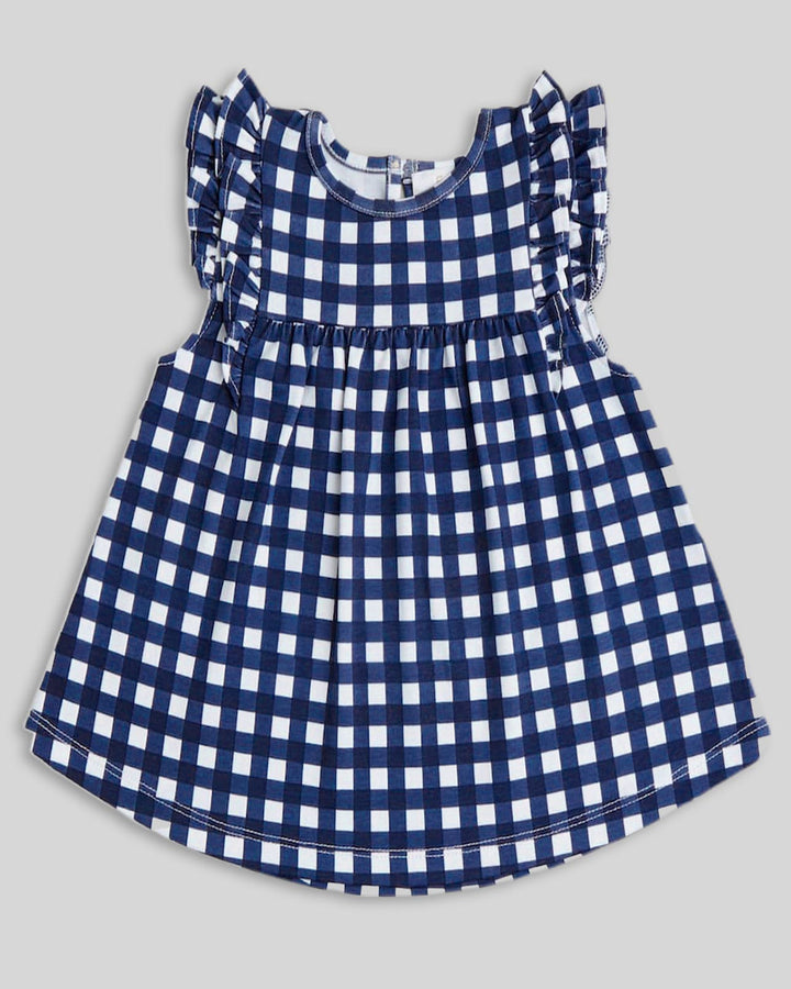 Vestido de niña Aurelia en algodón pima – Cuadros azules con mangas con volantes