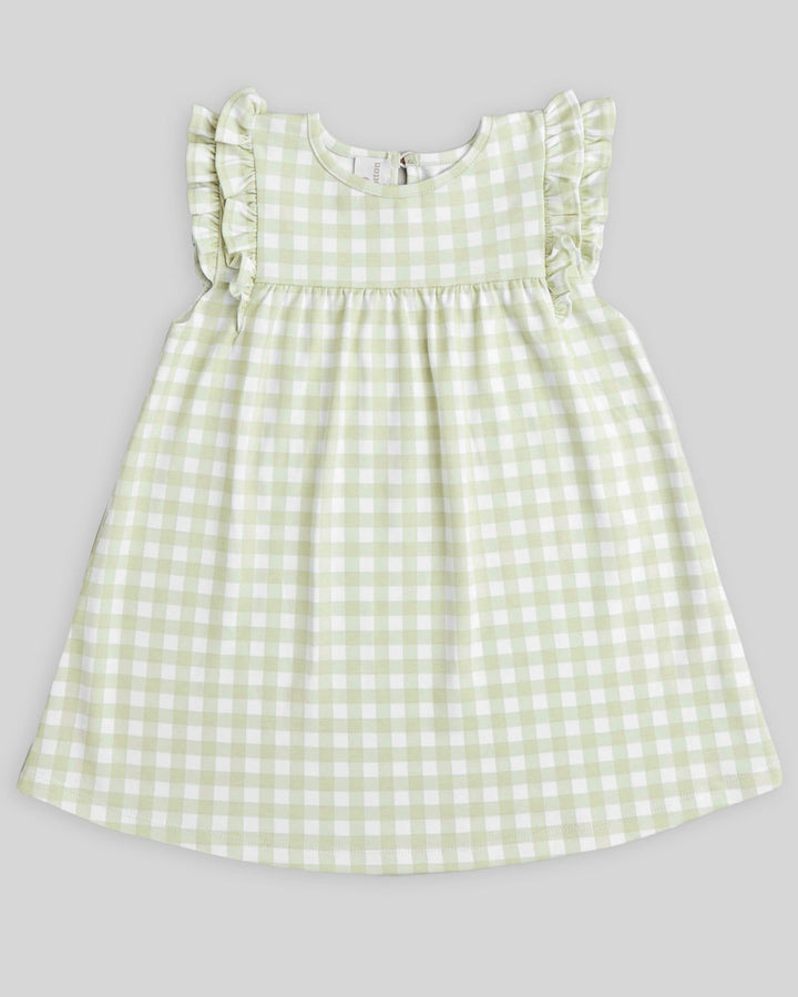 Vestido de niña Aurelia en algodón pima – cuadros pistacho con mangas con volantes