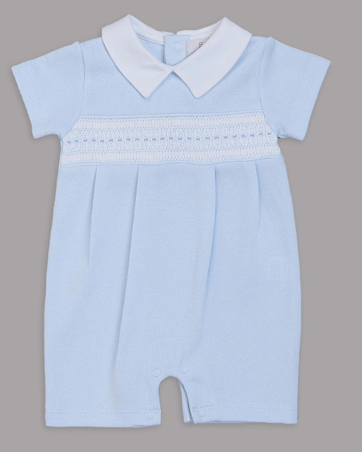 Enterizo corto Alessi para bebes en color celeste con bordado punto smock 