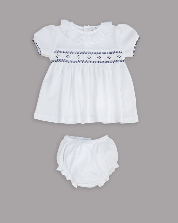 Mini Vestido Julieta para niña en color blanco con bordado punto smock