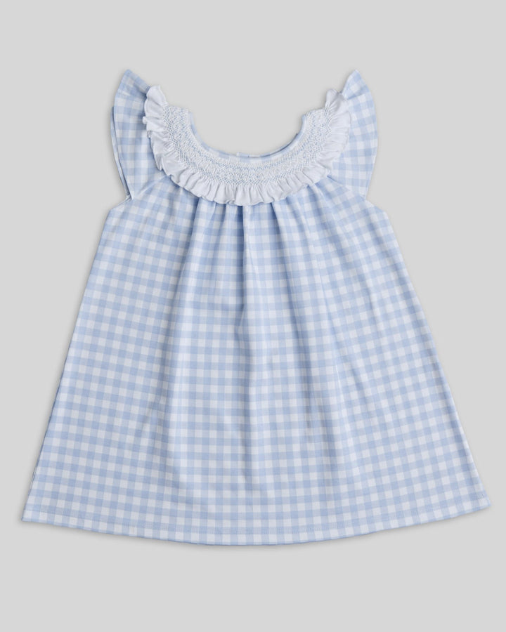 Vestido de niña Francesca en algodón pima – Cuadros celestes con bordado punto smock