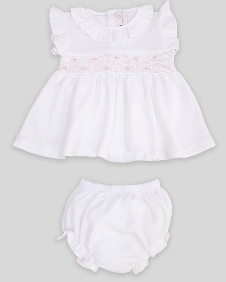 Vestido Smock Punto Ingles Para bebés Set Dos Piezas Emma Blanco