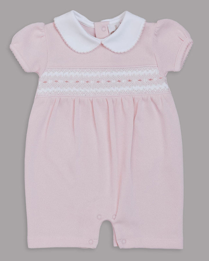 Enterizo corto Dina para bebes en color rosado con bordado punto smock 