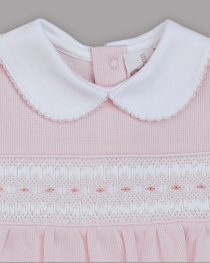 Enterizo corto Dina para bebes en color rosado con bordado punto smock 