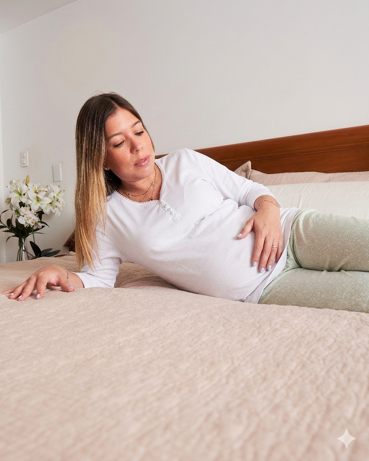 Pijama Pima Mujer Pistacho Hojas blancas