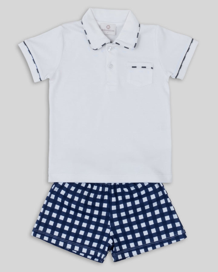 Conjunto de niño en algodón pima con short de estampados de cuadros azul