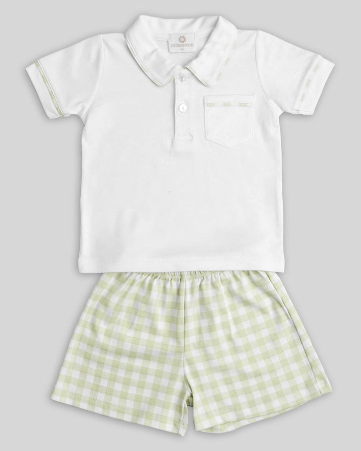 Conjunto de algodón pima para niño con short de cuadros pistacho