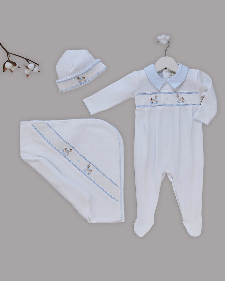 Conjunto de Bebé Smock Punto Inglés Pony Blanco