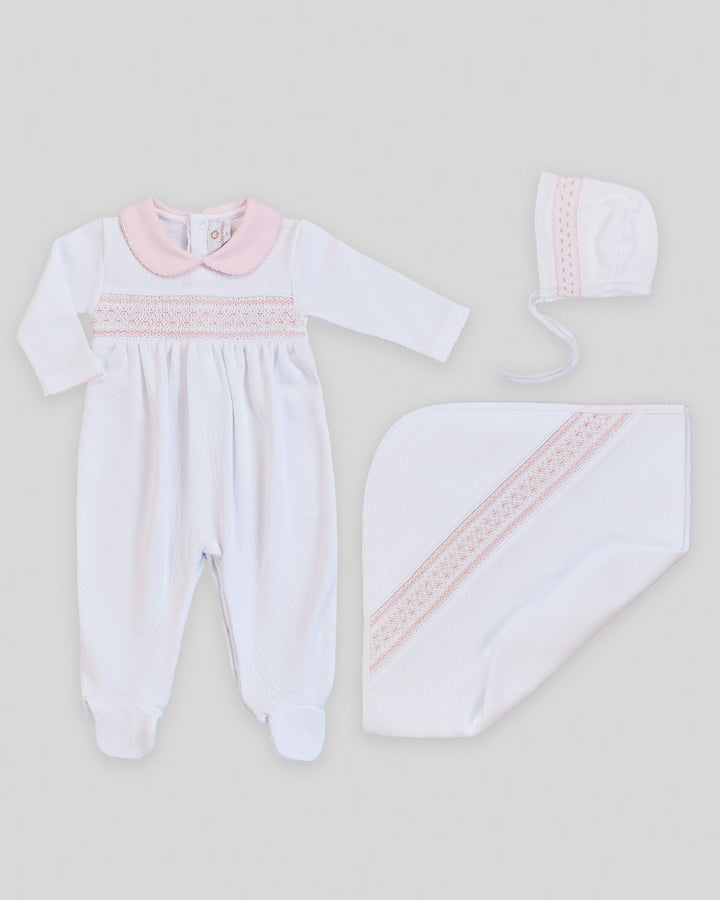 Conjunto de Bebé Smock Punto Inglés Daphne Blanco