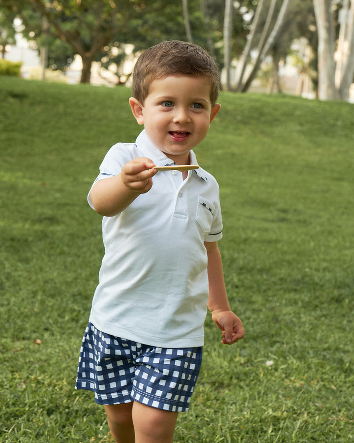 Conjunto de niño en algodón pima con short de estampados de cuadros azul