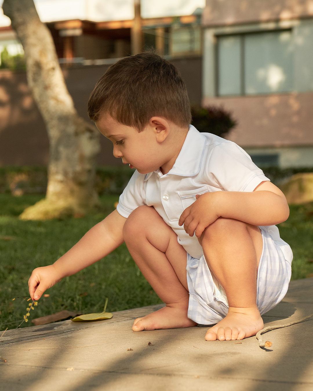 Conjunto para niño de algodón pima con short de cuadros celeste