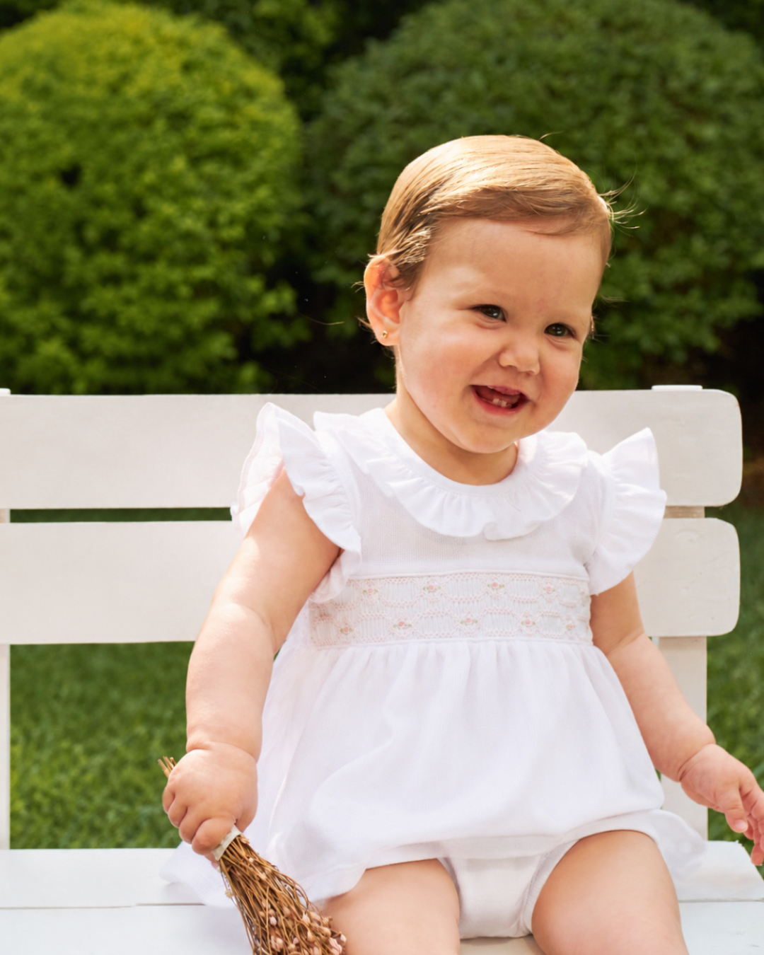 Vestido Smock Punto Ingles Para bebés Set Dos Piezas Emma Blanco