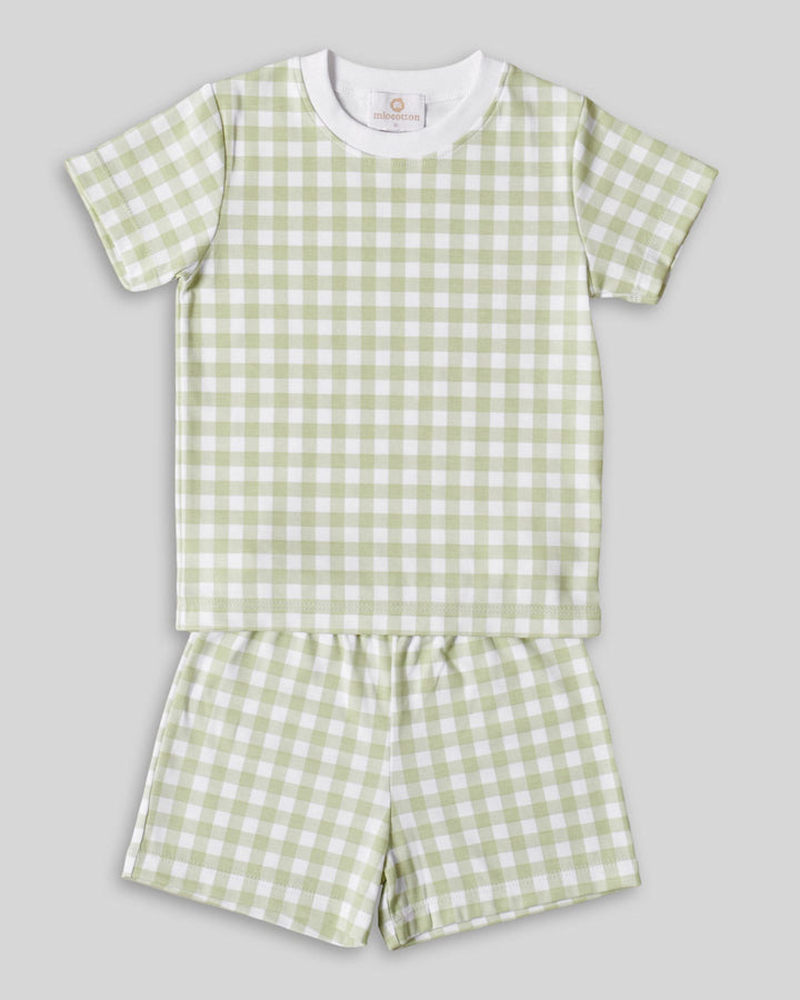 Pijamas de algodón en cuadros pistacho, suaves y cómodas, diseñadas para un descanso perfecto.