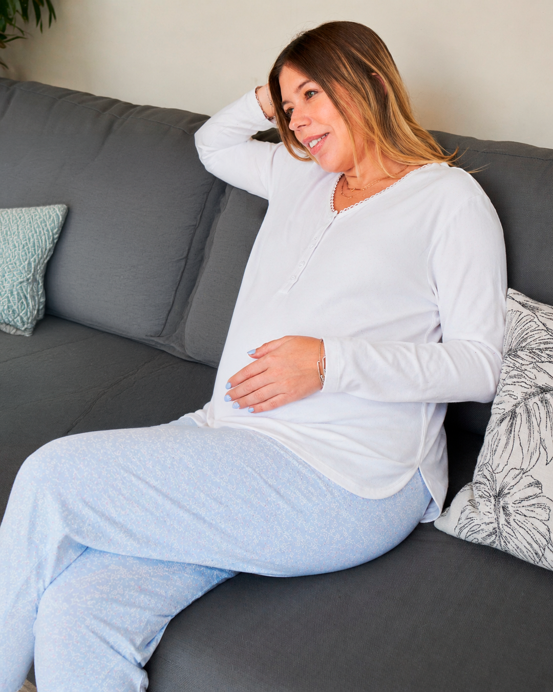 Pijama Pima Mujer Celeste Hojas blancas
