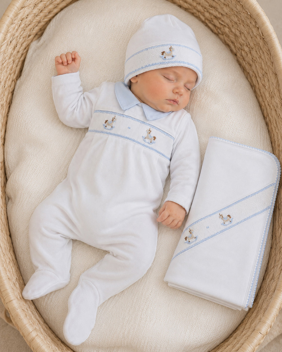 Conjunto de Bebé Smock Punto Inglés Pony Blanco