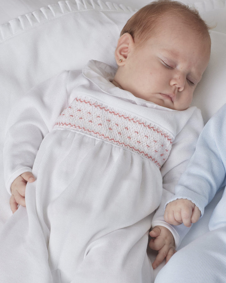 Enterizo bordado punto smock Daph - Blanco/Coral